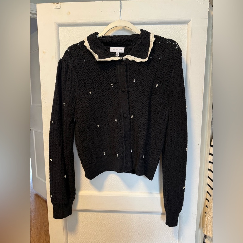 Lost + Wander Black Sweater With White Trim And Pearls